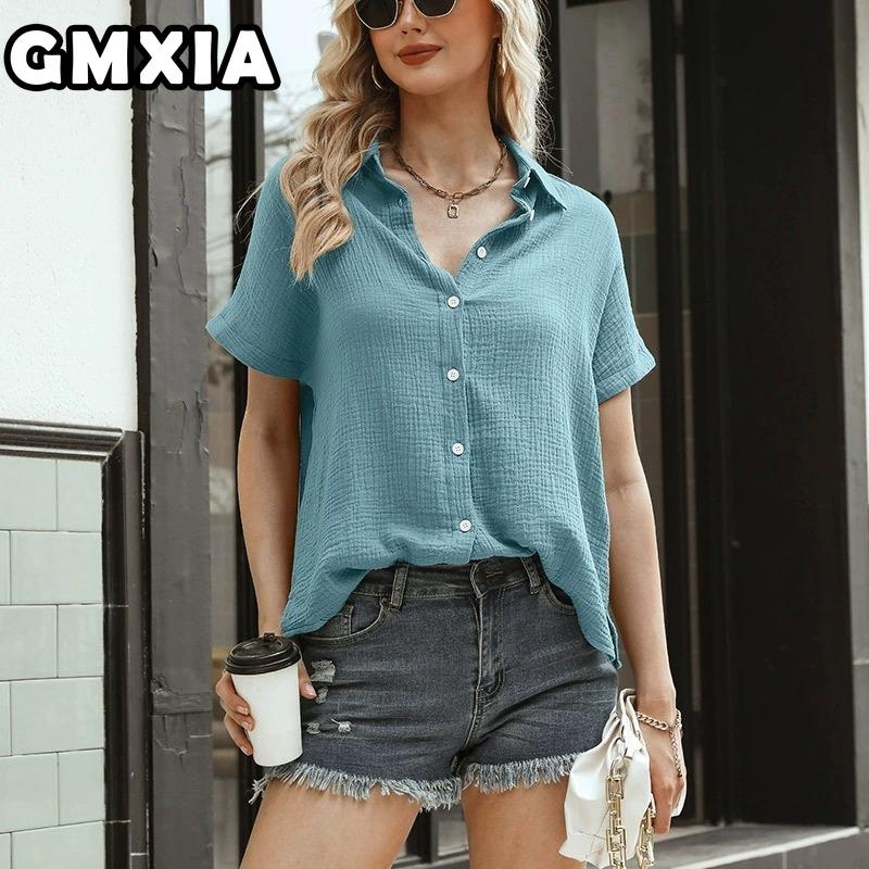 GMXIA Women's Fashion Casual Leisure Solid Color Print Short Sleeve POLO Neck Blouses & Shirts