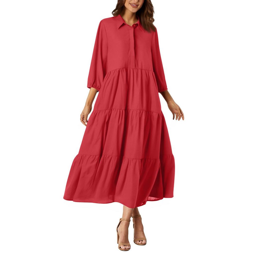 Women's Casual Fashion Shirt Dress Button Collar Flowing Maxi Dress
