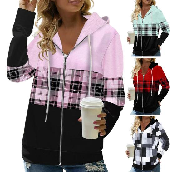 Autumn Women Hoodies Fashion Plaid Pattern Zipper Placket Cardigan Jacket Regular Fit