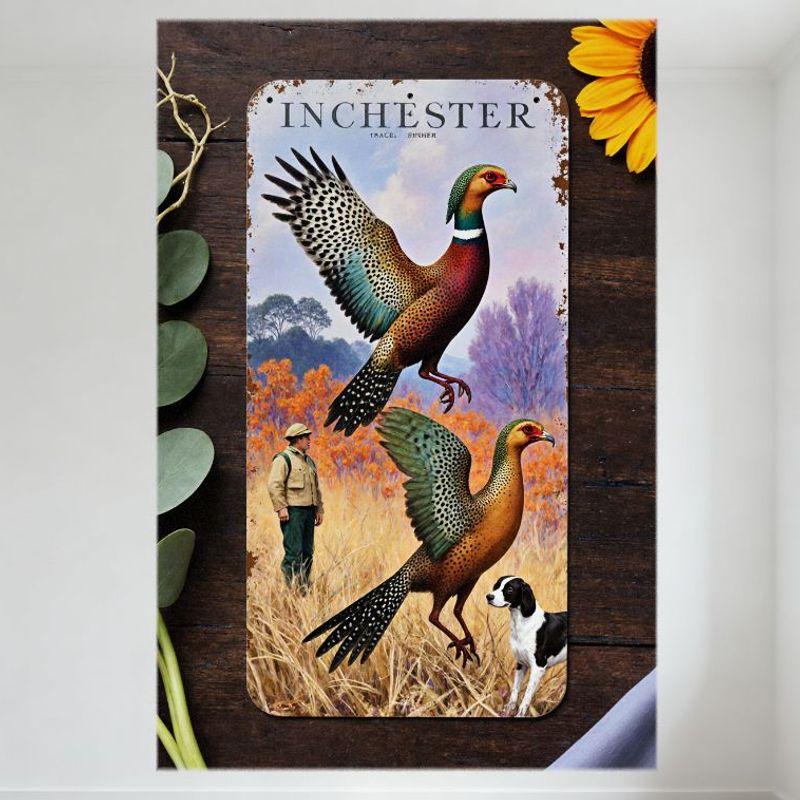 Vintage Inchester Pheasants Hunting Metal Tin Sign - Colorful Pheasants in Flight with Man & Dog, Autumn Trees & Sunflower Decor 20x30cm（7.8x11.8inch）