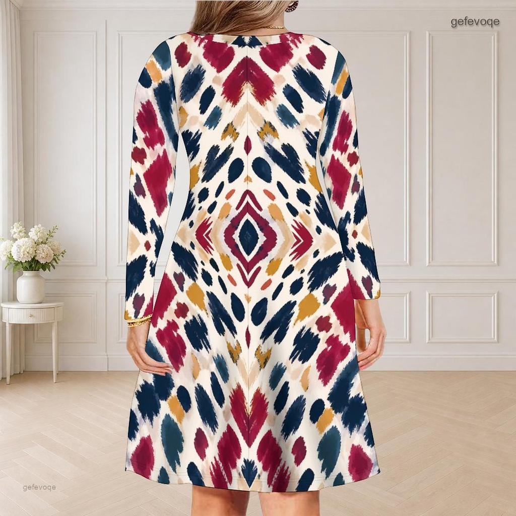 Women Plus Size V Neck Long Sleeve Printed Curved Hem Casual Dress