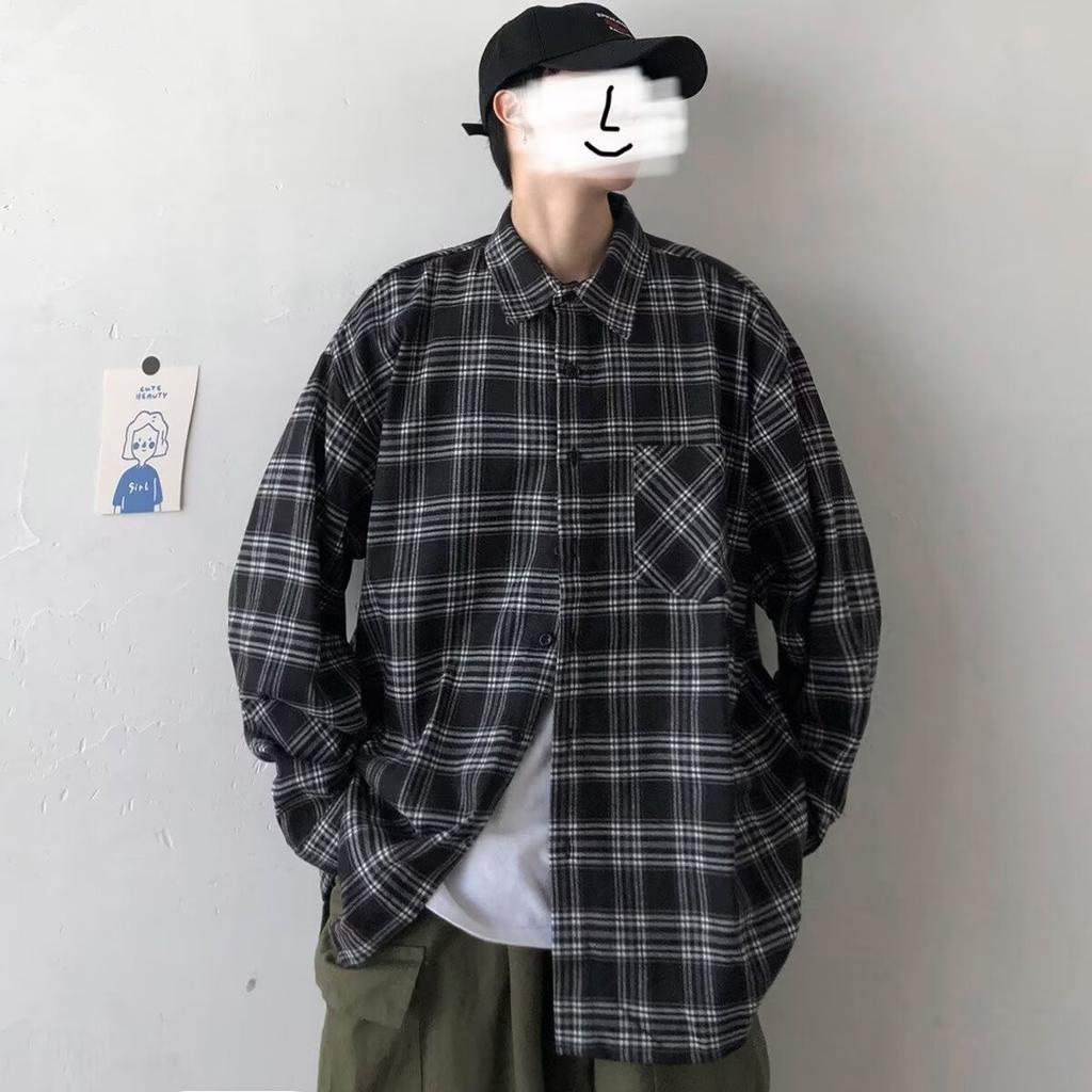 Men's Spring/Fall Long-Sleeve Checkered Shirt, Japanese-Style Retro Cool Shirt, Teenage Lapel Casual Jacket