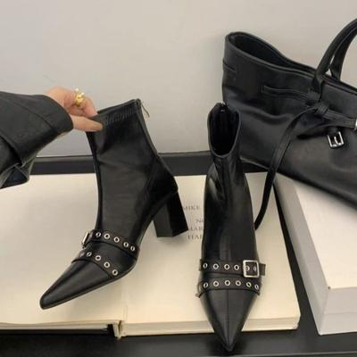 Riveted Block Heel Pointed Toe Naked Boots Women's 2025 Autumn Winter New Belt Buckle High Heel Booties