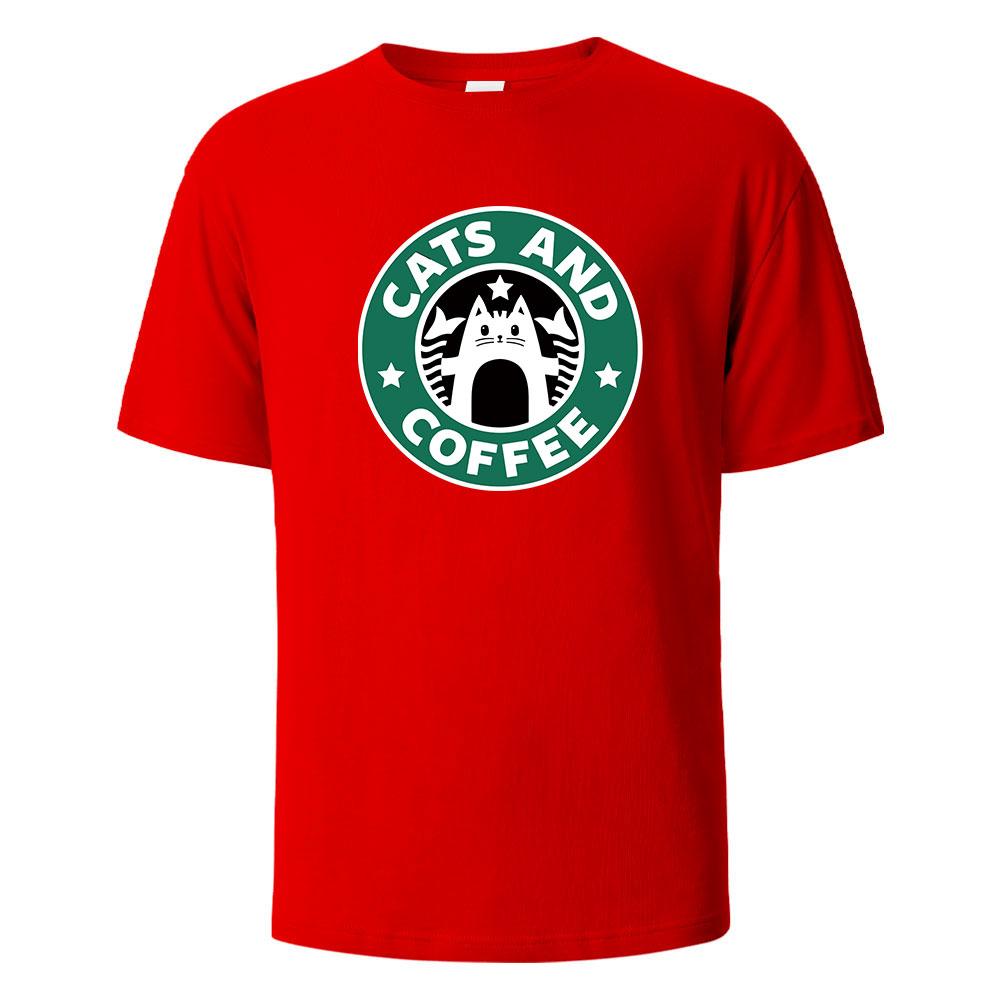 Cats And Coffee Street Funny TShirt For Men Fashion Casual Loose Cotton Clothing Crewneck Breathable Tshirt Hip Hop Tees