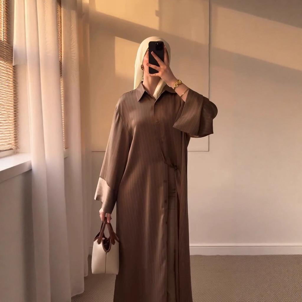 Mittlerer Osten Arabisch Dubai Türkisch Damen Frühling Neue Mode Gestreift Einreihig Hemdkleid