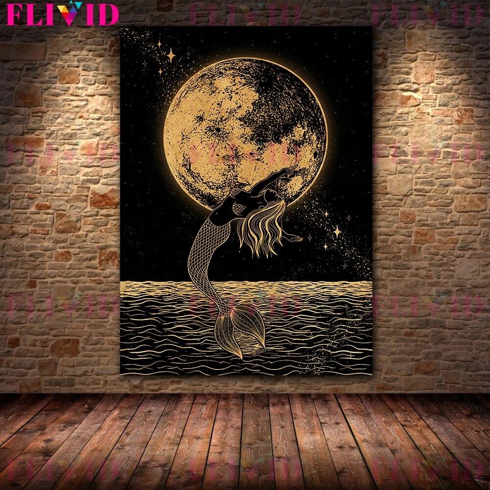 Abstrakcyjna sztuka ścienna czarownicy słońce i księżycowa ćma czarna czarownica wróżka druk artystyczny astrologia mistyczne dzieła sztuki plakat i druki bez ramki