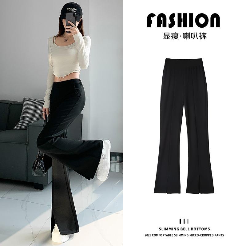 Black flared pants women's spring and autumn new high-waisted and thin high-end drape summer suit split-ended micro-pull pants