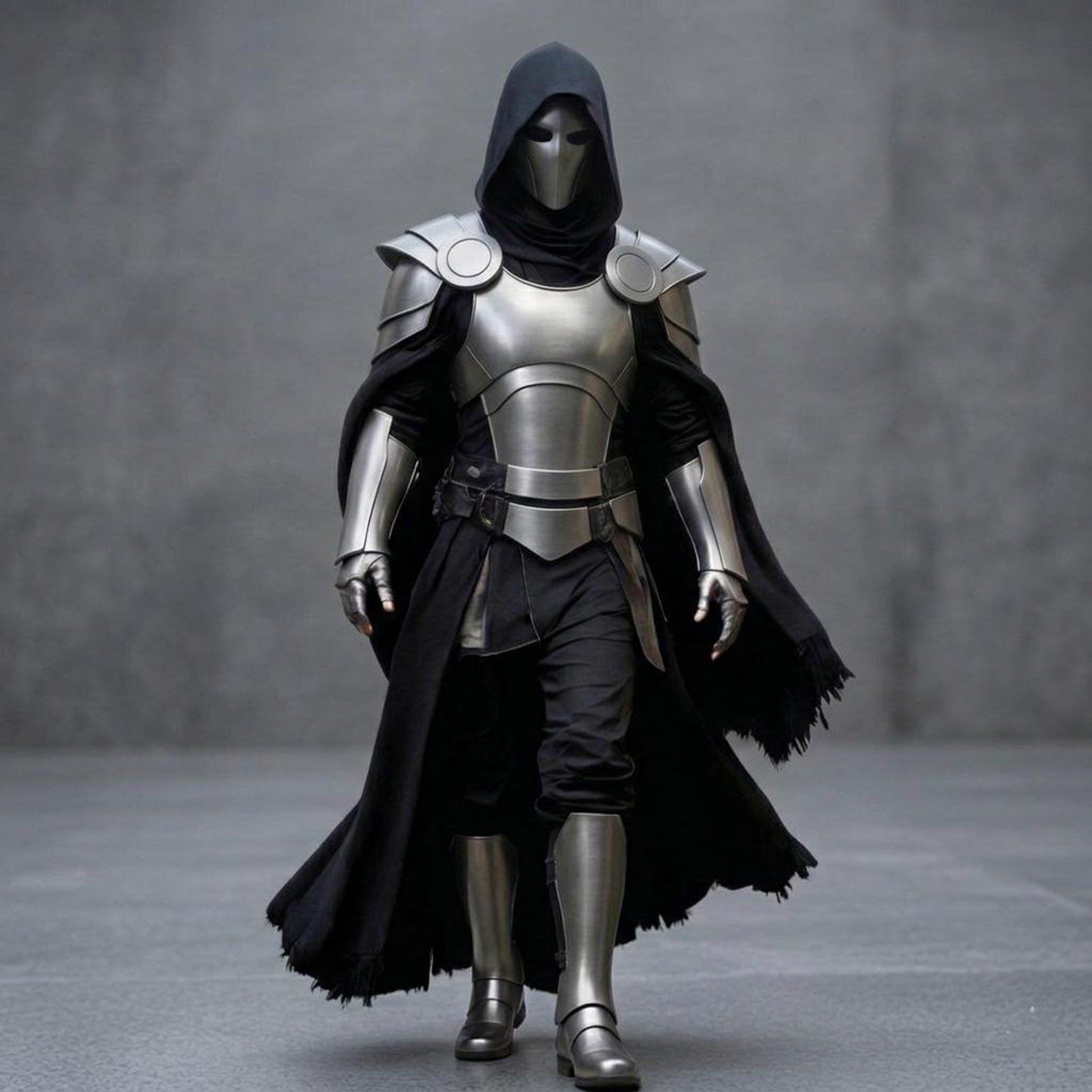 Full Silver Plate Armor Set Black Hooded Cape Medieval Knight LARP Cosplay Costume