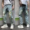 Washed wear-resistant casual pants ruffian handsome versatile ripped jeans pants spring and summer straight-leg pants men's trendy brand loose tied f