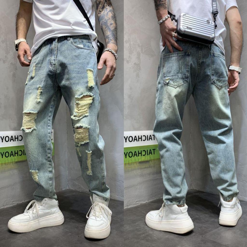 Washed wear-resistant casual pants ruffian handsome versatile ripped jeans pants spring and summer straight-leg pants men's trendy brand loose tied f