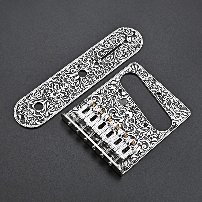 Vintage Carved Pattern Guitar Roller 6-Saddle Bridge and 3-Way Switch Control Plate Set for 6 String Electric Guitars