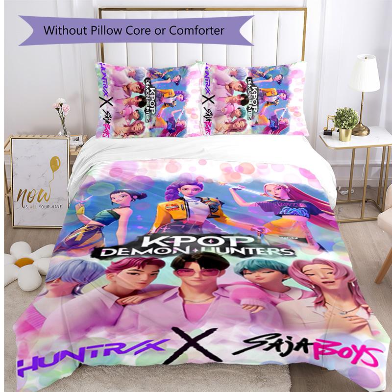Kpop Demon Hunters Pattern Printed 3PCS Bedding Set, Soft Skin-Friendly Washable Duvet Cover & Pillowcases Set