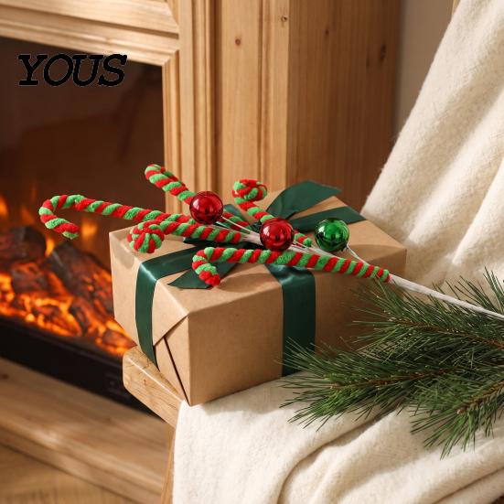 Xmas Tree Decoration Christmas Candy Cane Pick, Red White Green Plush Stem, Decorative Props Branch for Vase Filler, Wreath, Filler