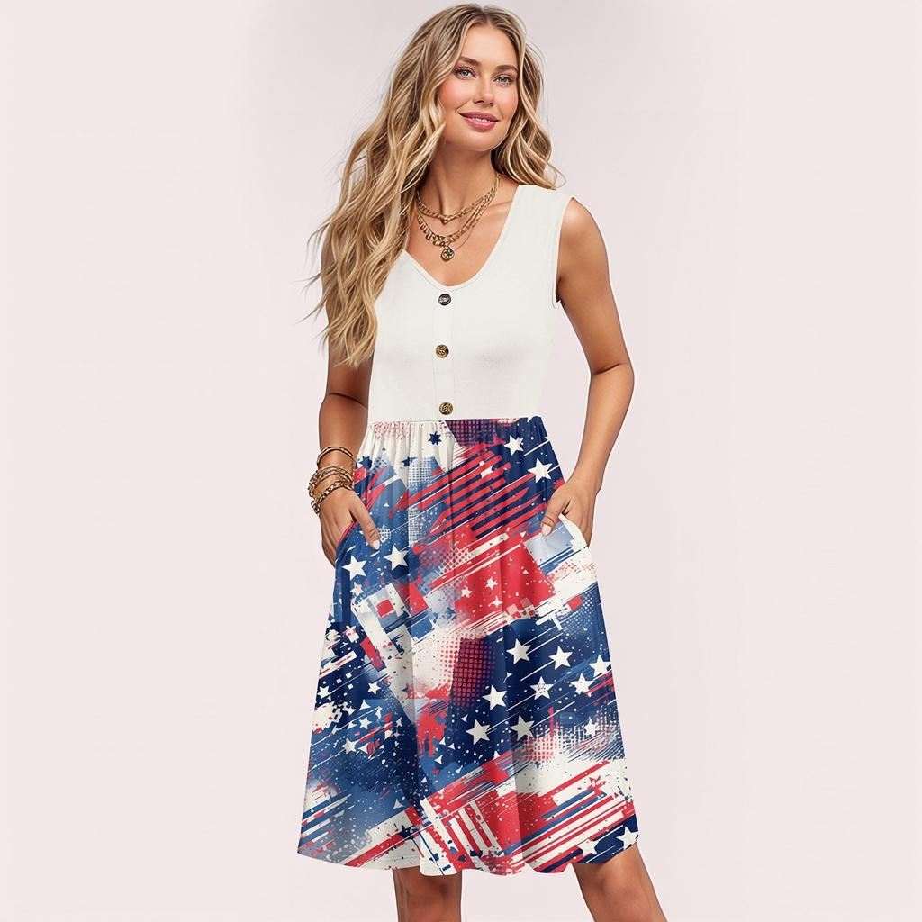 Damen Sommerkleider Ärmellos Lässig Locker Schwingend Knopfleiste Midi Sonnenkleid mit Taschen