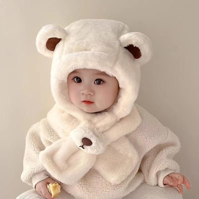 Baby Hat Autumn And Winter Boys' And Girls' Scarves In One Teddy Bear Plush Hat Winter Children's Plush Thickened Windproof Hat