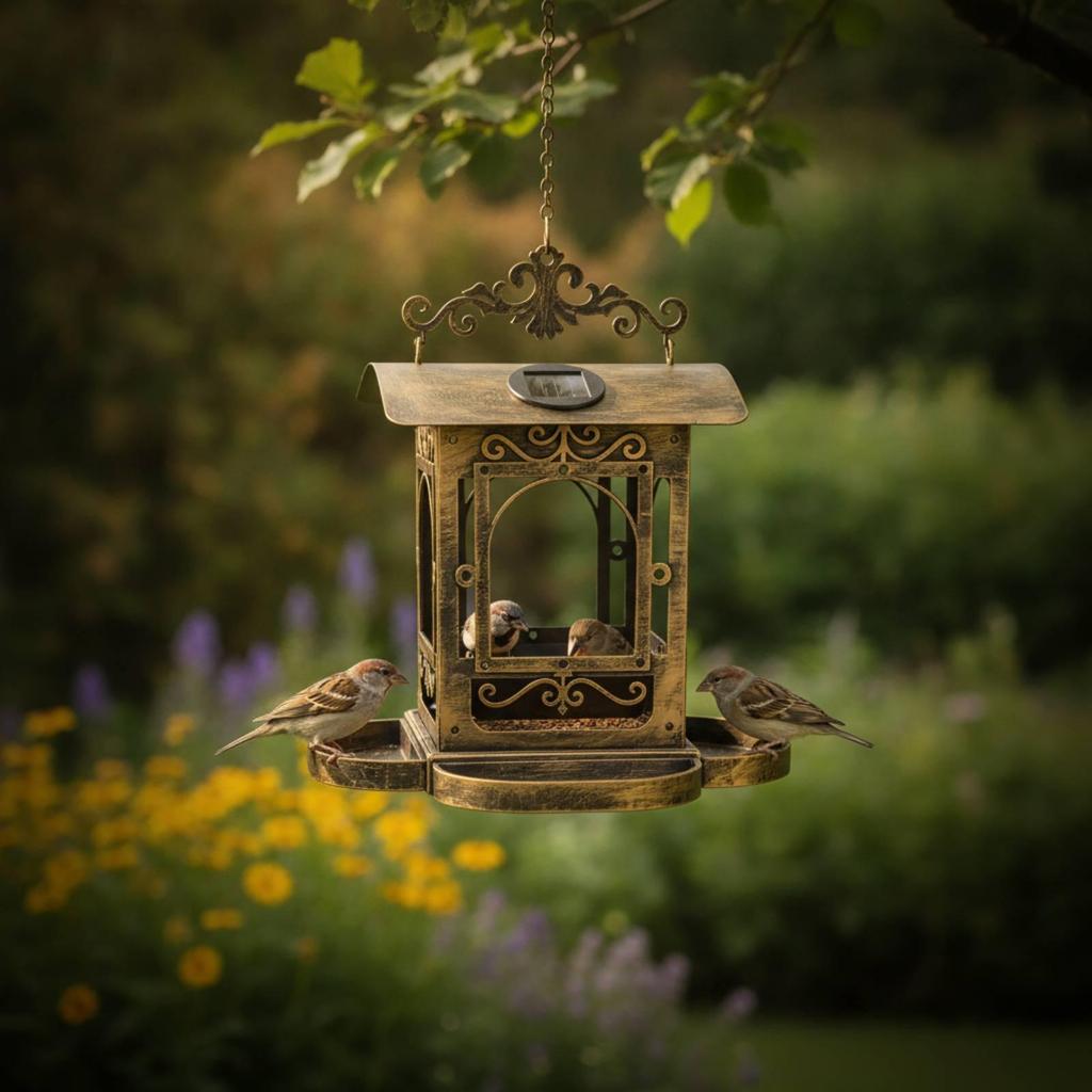 Vogelvoederhuisje met Zonne-energie Lamp Antiek Brons Schaal LantaarnStijl voor Tuiniers,