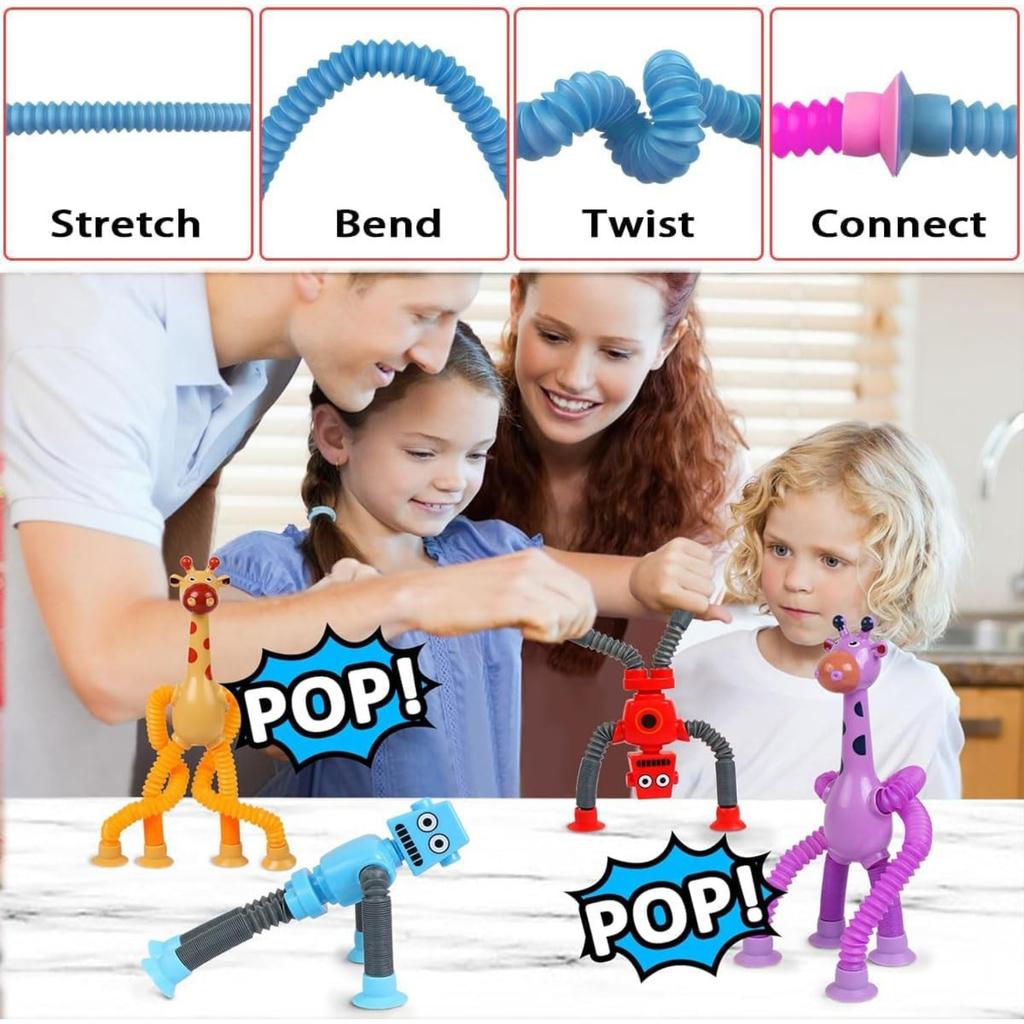 4 Pieces Pop Tubes Sensory Toys Giraffe Fidget Tubes Pack Telescopic Suction Cup Toys Fidget Toys for Kids (Giraffe)