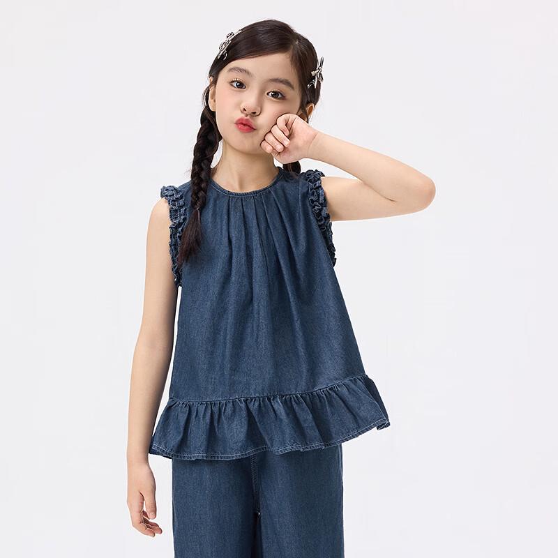 Girls' Ruffle Edge Soft Denim Sleeveless Two-Piece Set