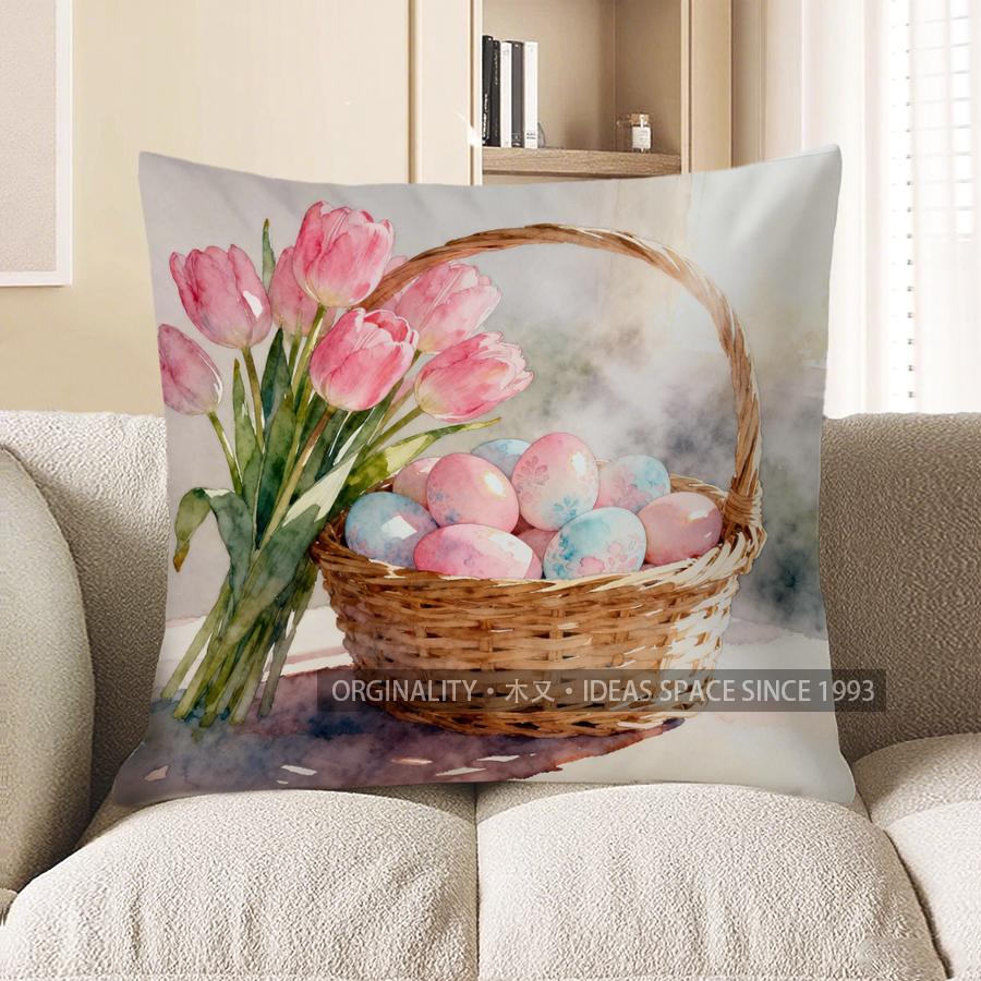 2D весенние тюльпаны и декоративные пасхальные яйца узор на подушку чехол для подушки подходит для дивана спальни автомобиля 40x40cm 588₽