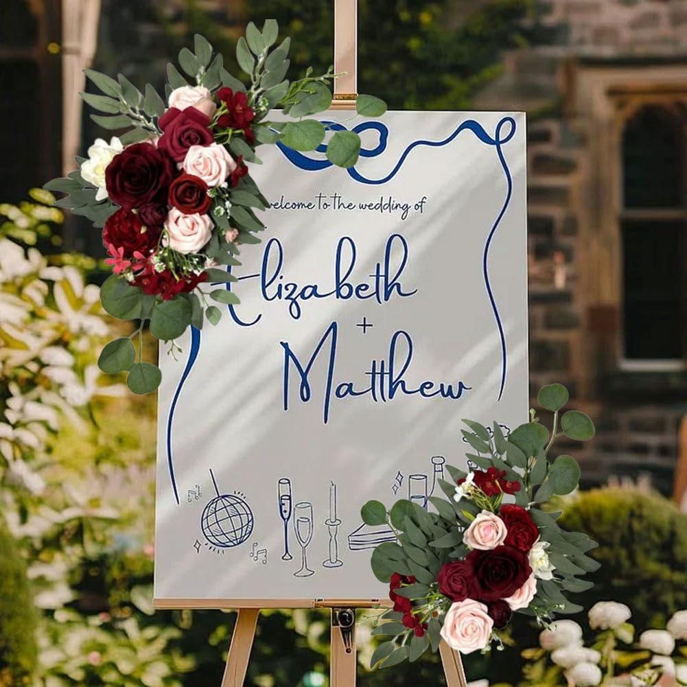 Wedding Arch Faux Flower Swag Set of 2 - Artificial Silk Rose Floral Garland with Eucalyptus Greenery for Ceremony Arch Welcome Sign Backdrop