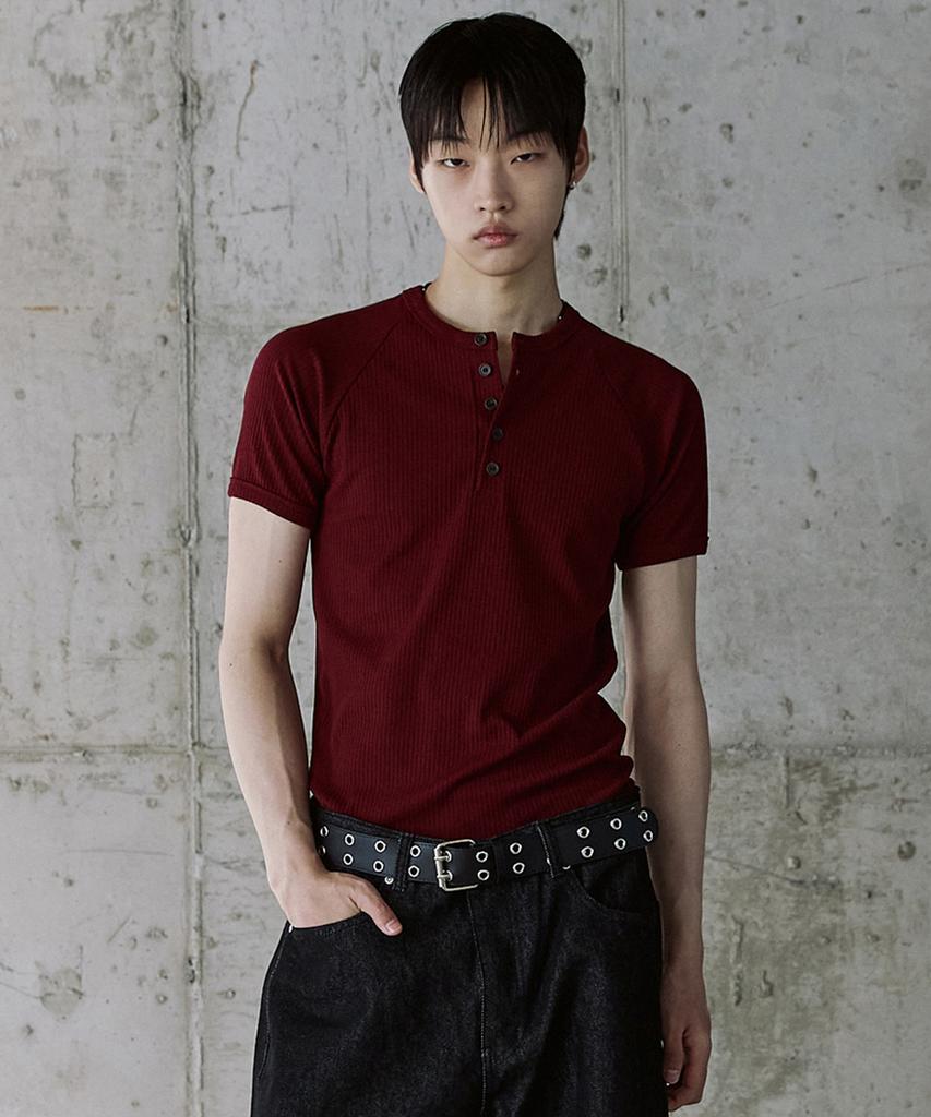 P.IN.O Ribbed Ribbed Muscle Henley Neck - Burgundy