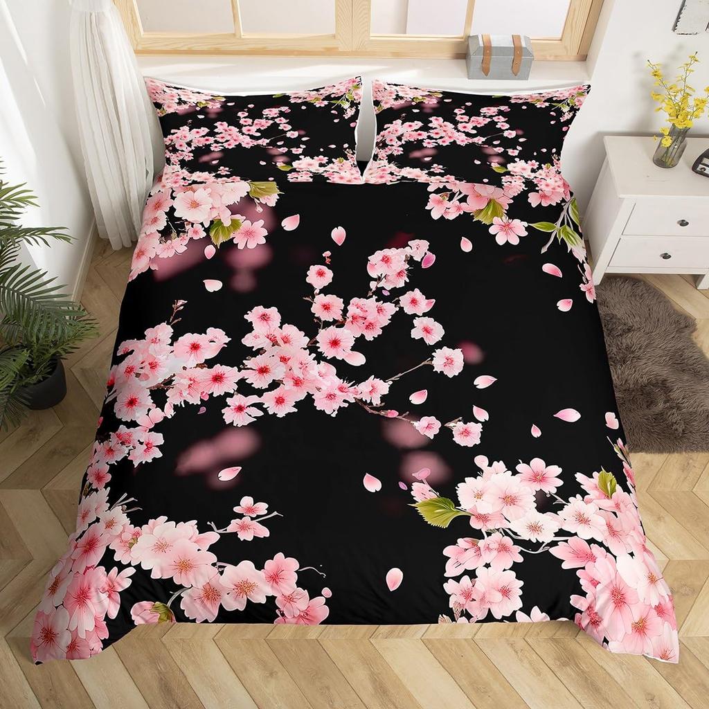Cherry Blossoms Bedding Set for Boys Girls Japanese Style Floral Botanical Comforter Cover Twin King Sakura Flower Duvet Cover