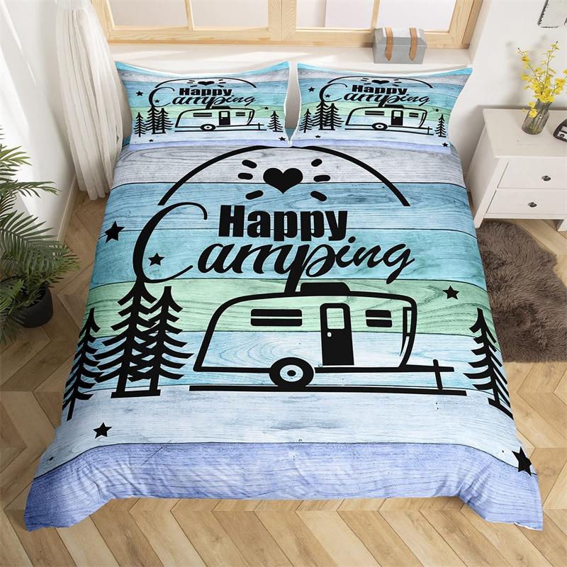 Happy Camping Dekbedovertrek Queen Cartoon Caravan Camping Beddengoedset Boerderij Stijl 3D Camper Dekbedovertrek Met Kussenslopen