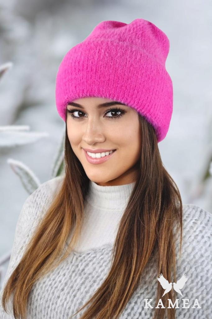 Benita Winter Alpaca Hat with Turn-Up Collar, Raspberry Color
