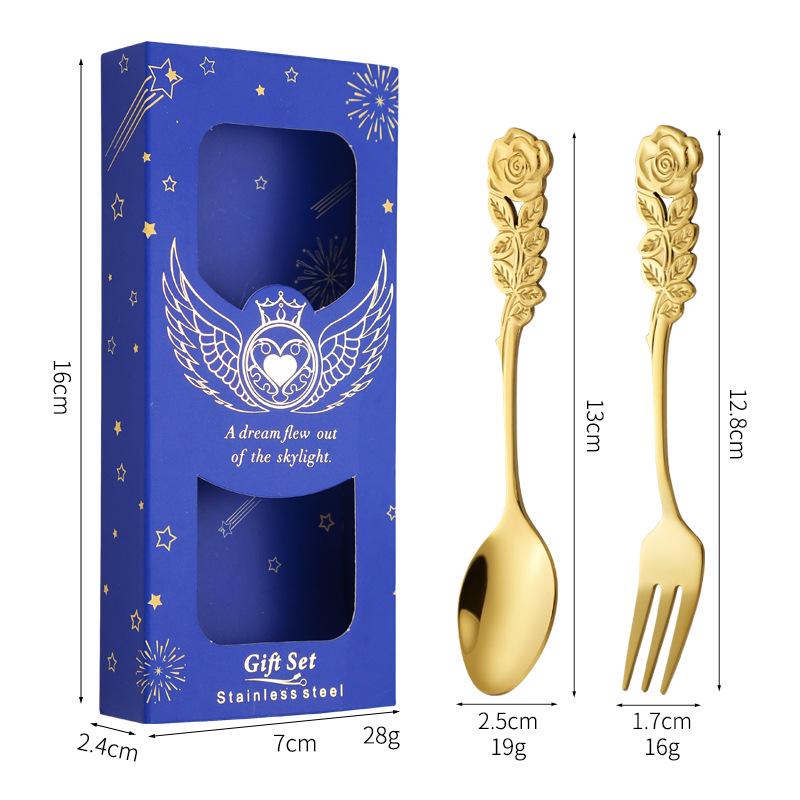 

Креативный набор из ложки и вилки из нержавеющей стали Rose: Подарочная коробка для кофе и десерта – идеальный свадебный подарок