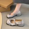 Fashion Hot Selling 2025 Summer New Style Satin Bow Knot Square Head Mary Jane Heel Shoe Horse Hoof Heel One Strap Buckle Single Shoe
