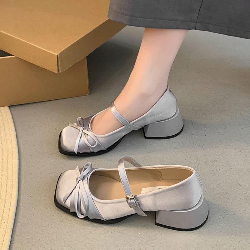 Fashion Hot Selling 2025 Summer New Style Satin Bow Knot Square Head Mary Jane Heel Shoe Horse Hoof Heel One Strap Buckle Single Shoe