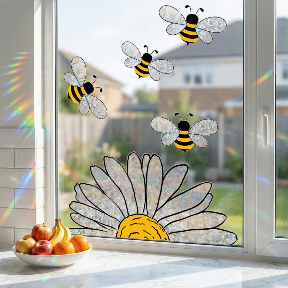Removable Bee Glass Sticker Waterproof Sunflower Wall Decals Art Bee Window Stickers  Living Room