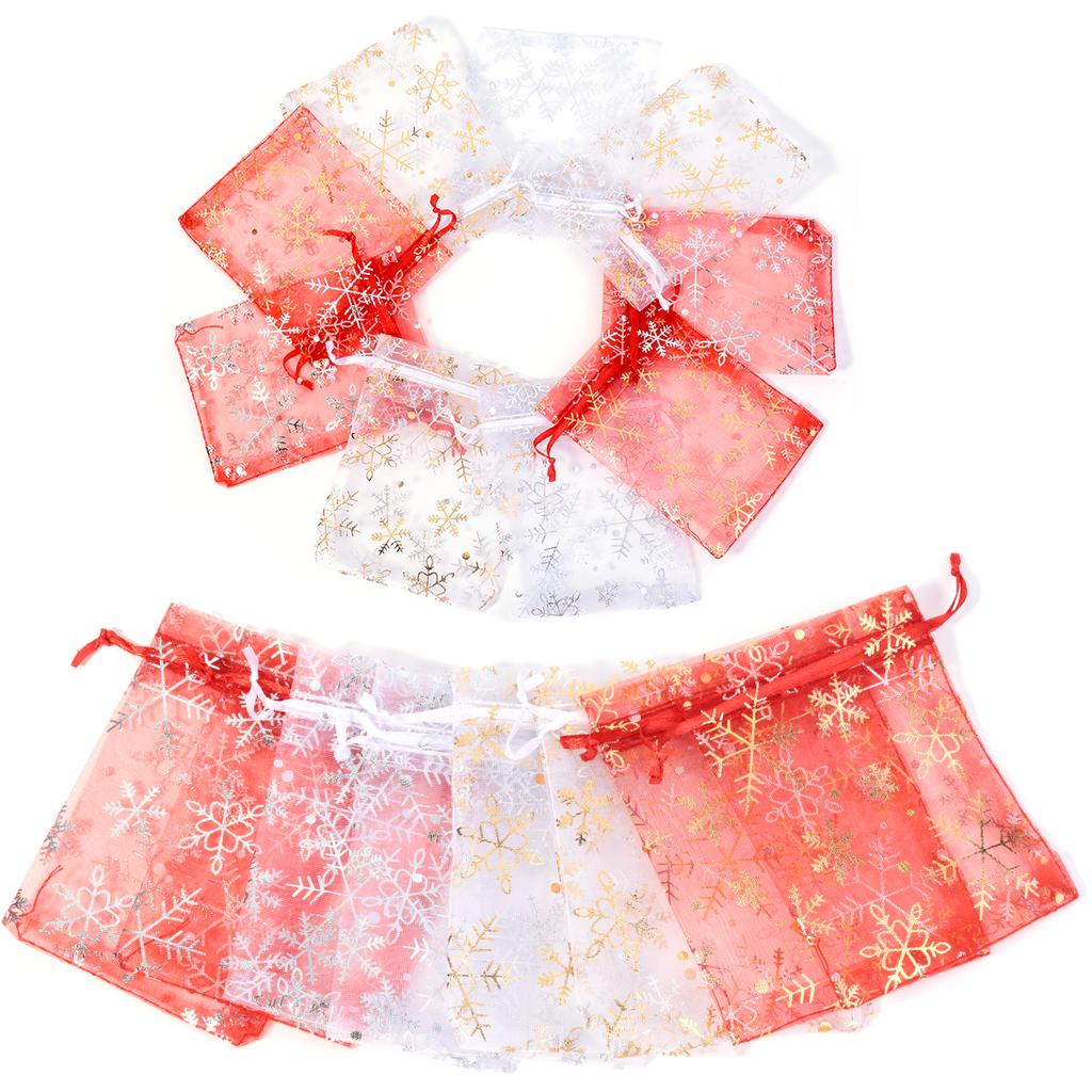 10pcs/lot Organza Gift Bags Snowflake Drawstring Pouches For Wedding New Year Christmas Party Candy Jewelry Gifts Packaging Bags