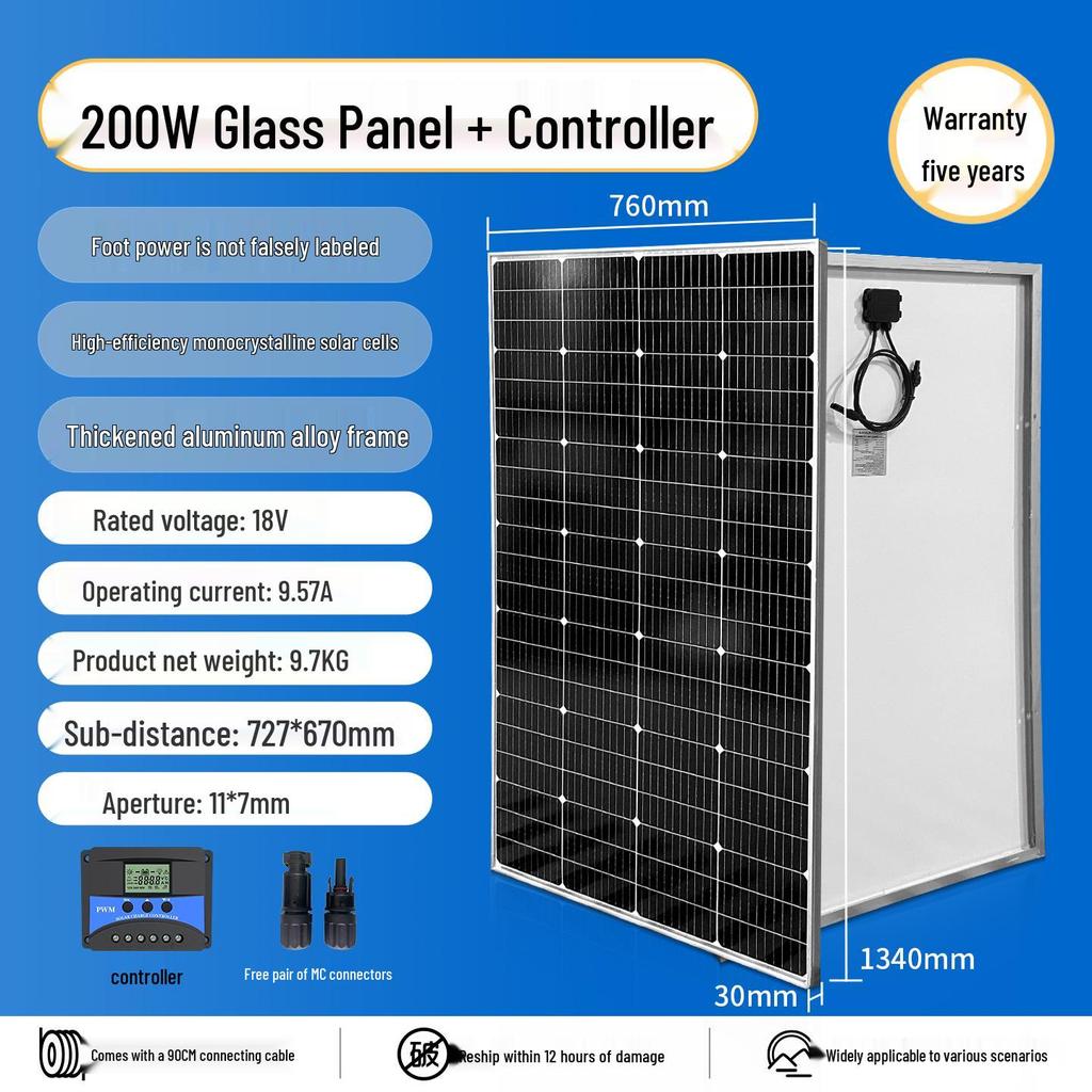 Monocrystalline Solar Panel Power System for Home & RV, 12V/24V with Lithium Battery Charging