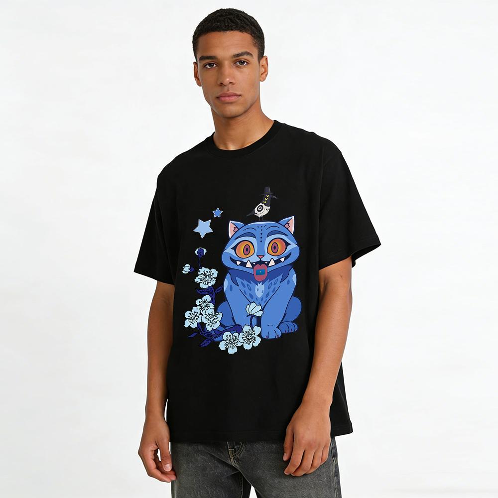 Whimsical Blue Cat & Magpie Print Tee,Niche Dark Art Style Loose Crewneck Casual Top Pure cotton T-shirt