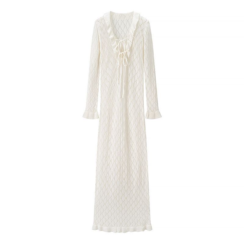 

Summer Defection French style Pure Desire Sexy V-neck Lace-up Hollow Romantic Lazy Holiday Style Slim fit Long sleeve dress Summer defection L