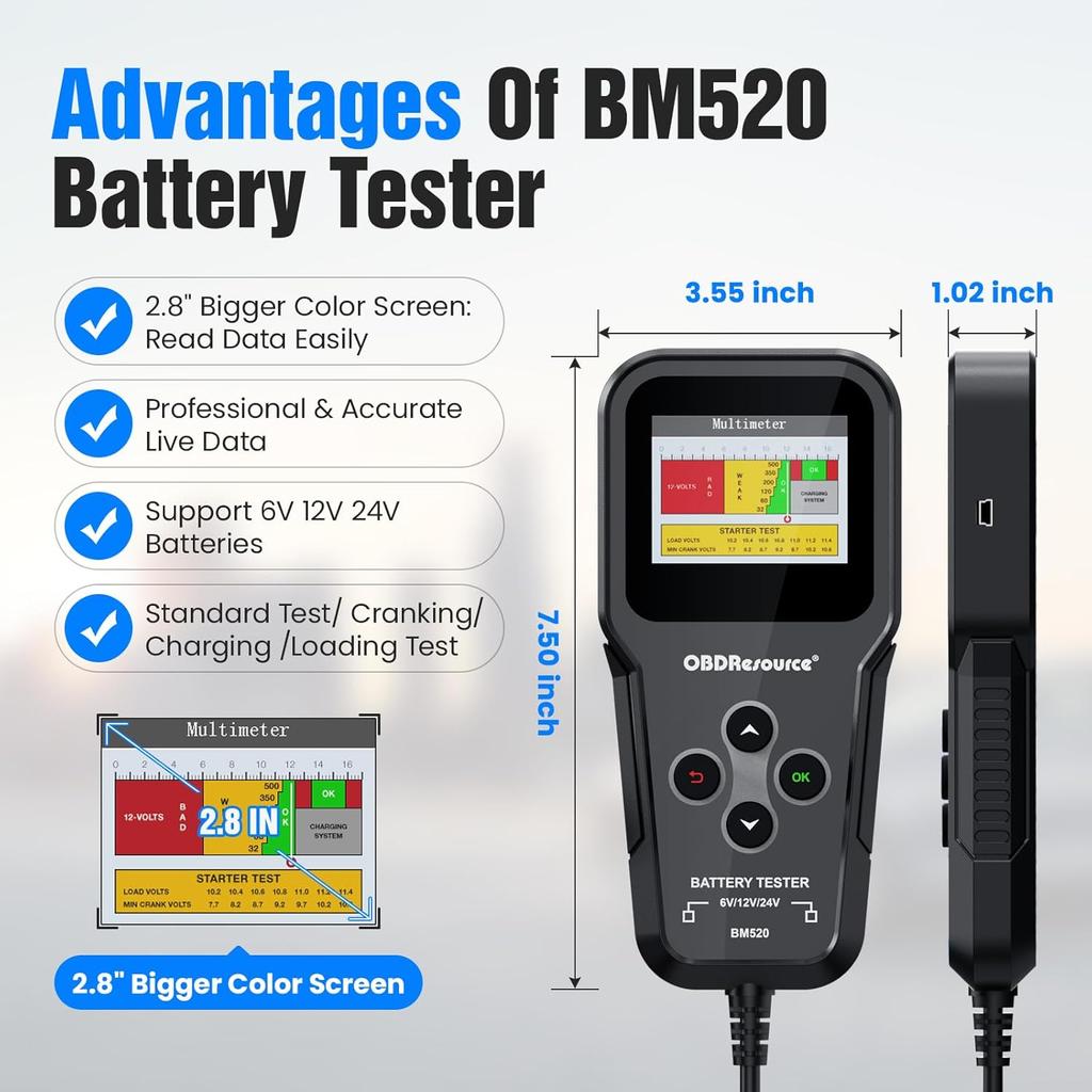 Car Battery Tester 6V-24V 3-in-1 Load Tester for 100-2000 CCA Automotive Battery & Alternator Test