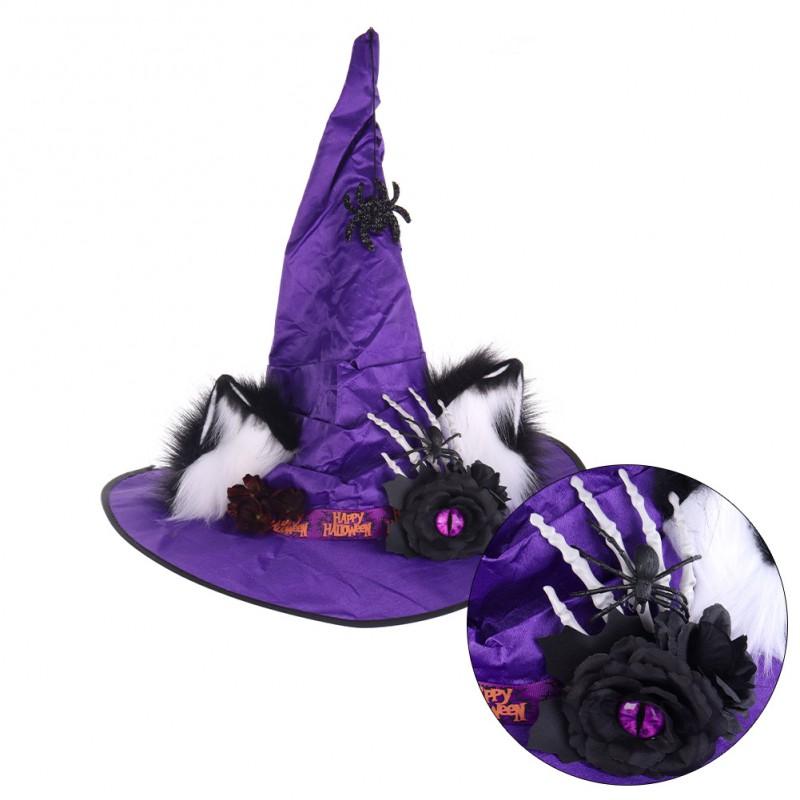 Fluffy Cat Ear Witch Hat With Spider Rose Embellishments Halloween Cosplay Costume Accessory