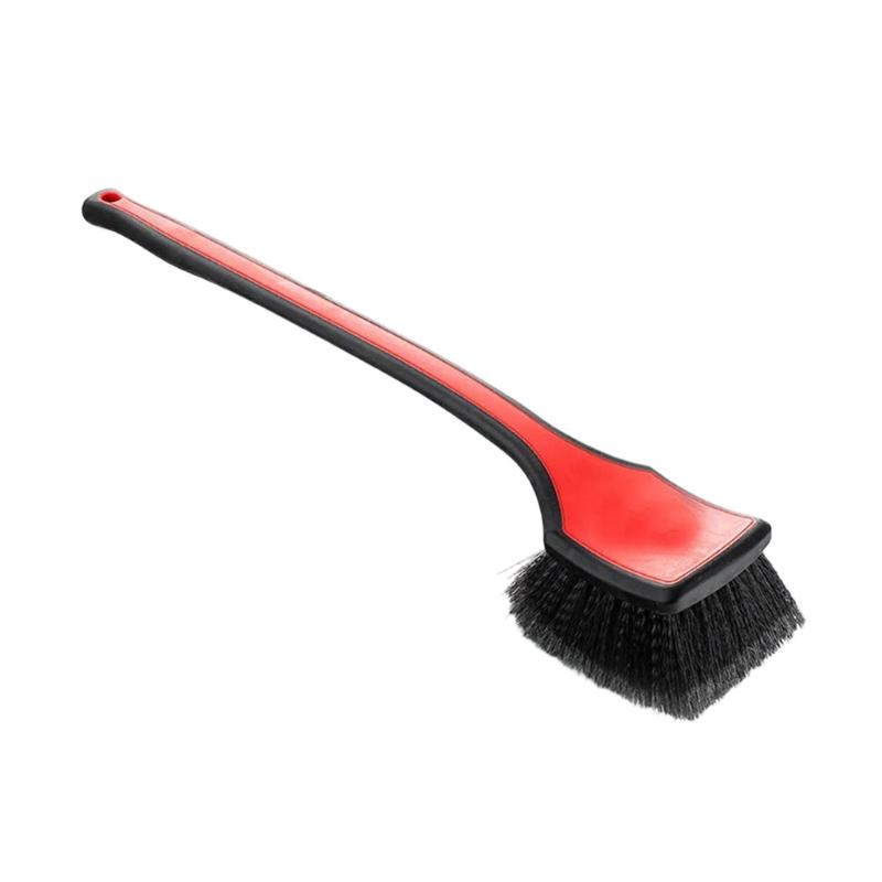 Soft Bristle Wheel Brush with Long Handle, Wide Head and Hanging Hole for Tire Cleaning, Wheel Care and Vehicle Washing