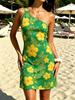 2026 Summer One Shoulder Yellow Hibiscus Print Mini Dress, Green Slim Bodycon Beach Sundress