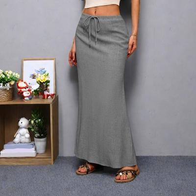 Maxirock im Boho-Stil, hoher Bund, verstellbarer Kordelzug, langer Rock mit Schlitz hinten, uni