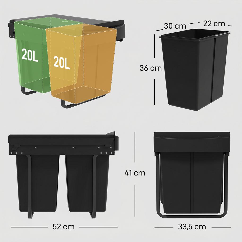 Sliding Under-Sink Waste Bin, 2 x 20 L, Removable Buckets, 52 x 33.5 x 41 cm, Black