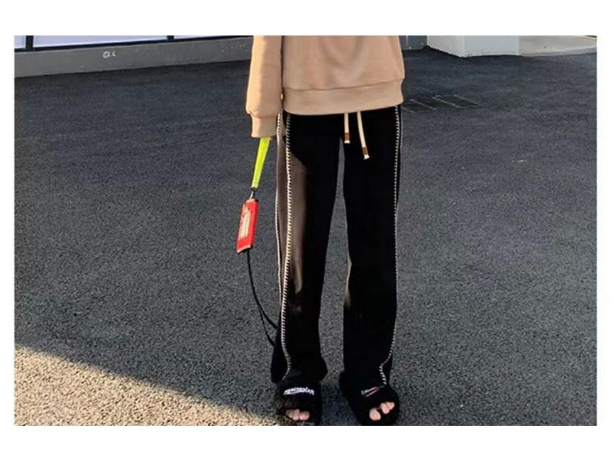 Women's Plus Size Black High Waist Wide Leg Sports Pants - Early Autumn Casual Loose Fit with a Slimming Effect