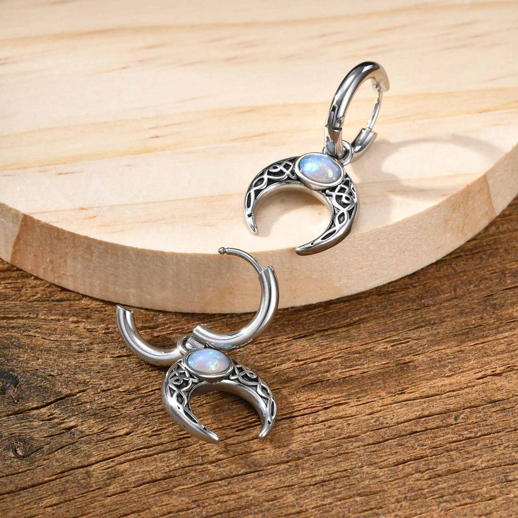Vnox Stainless Steel Moon Hoops Earrings for Men Women, Retro Dangle Charm Earrings with Resin Stone, Fashion Unisex Jewelry