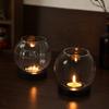 Retro Round Transparent Candle Holder Glass with Wooden Base Oil Lamp Shape Tealight Wedding Party Dining Table Decorations