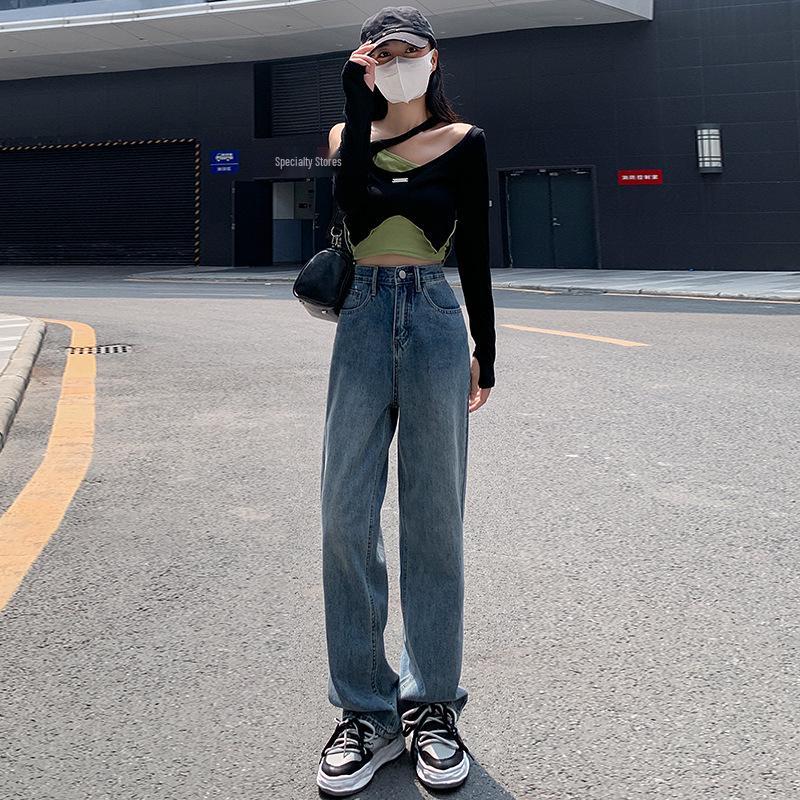 

Джинсы с высокой талией, ретро, широкие штанины, с потертостями для женщин - Осень/Зима, больших размеров Small