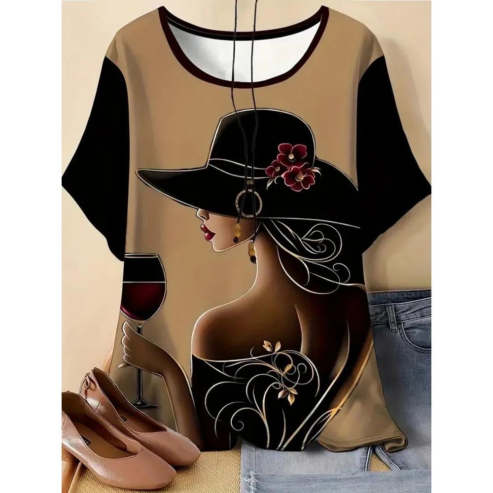 Portrait Flower Butterfly Pattern 3D Printed Short Sleeved T-shirt Comfortable Soft Breathable Loose Womens T-shirt S