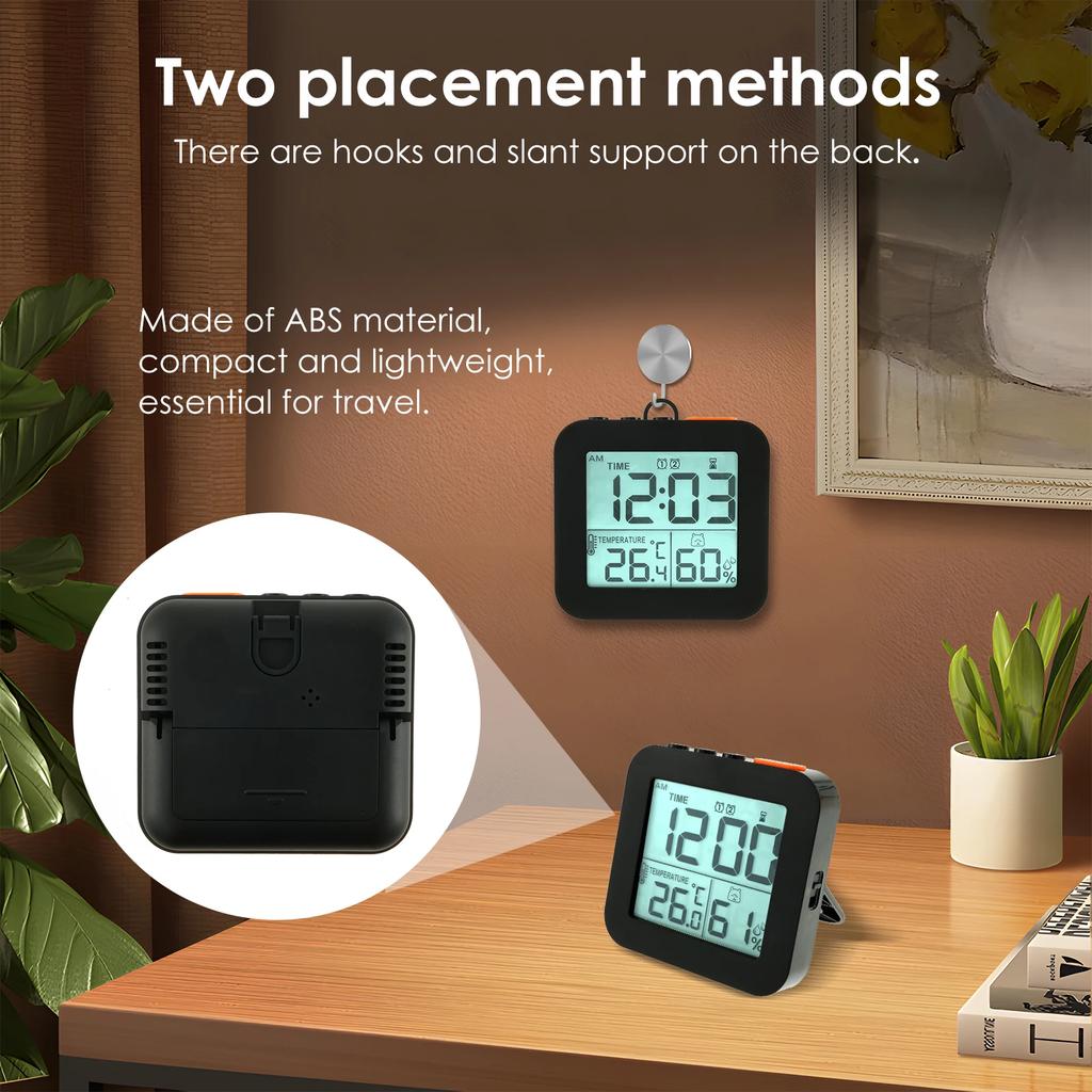 Digital Alarm Clock with 2 Bells Temperature Humidity Backlight Night Light Snooze 12/24H Battery room decoration
