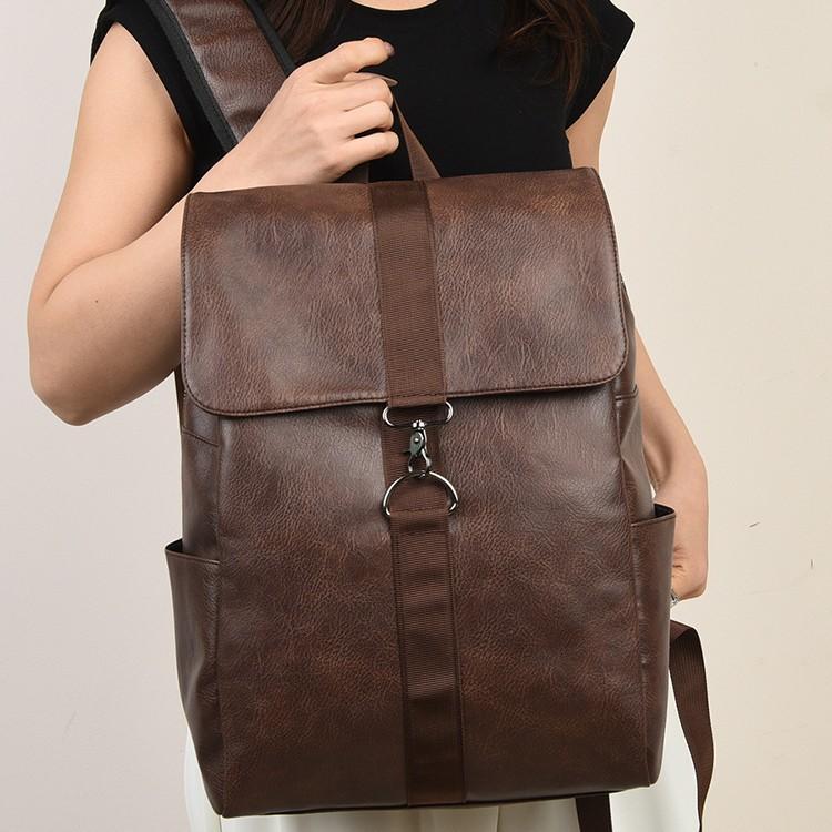 Schoolbag Retro Backpack Male PU Leather Backpack Female College Student Simple School Bag Campus Computer Bag Large Capacity Travel Bag