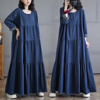 DIMANAF Plus Size 2024 Autumn Women Denim Long Sleeve Dress Casual Vintage Loose Oversized Dress Blue Basic